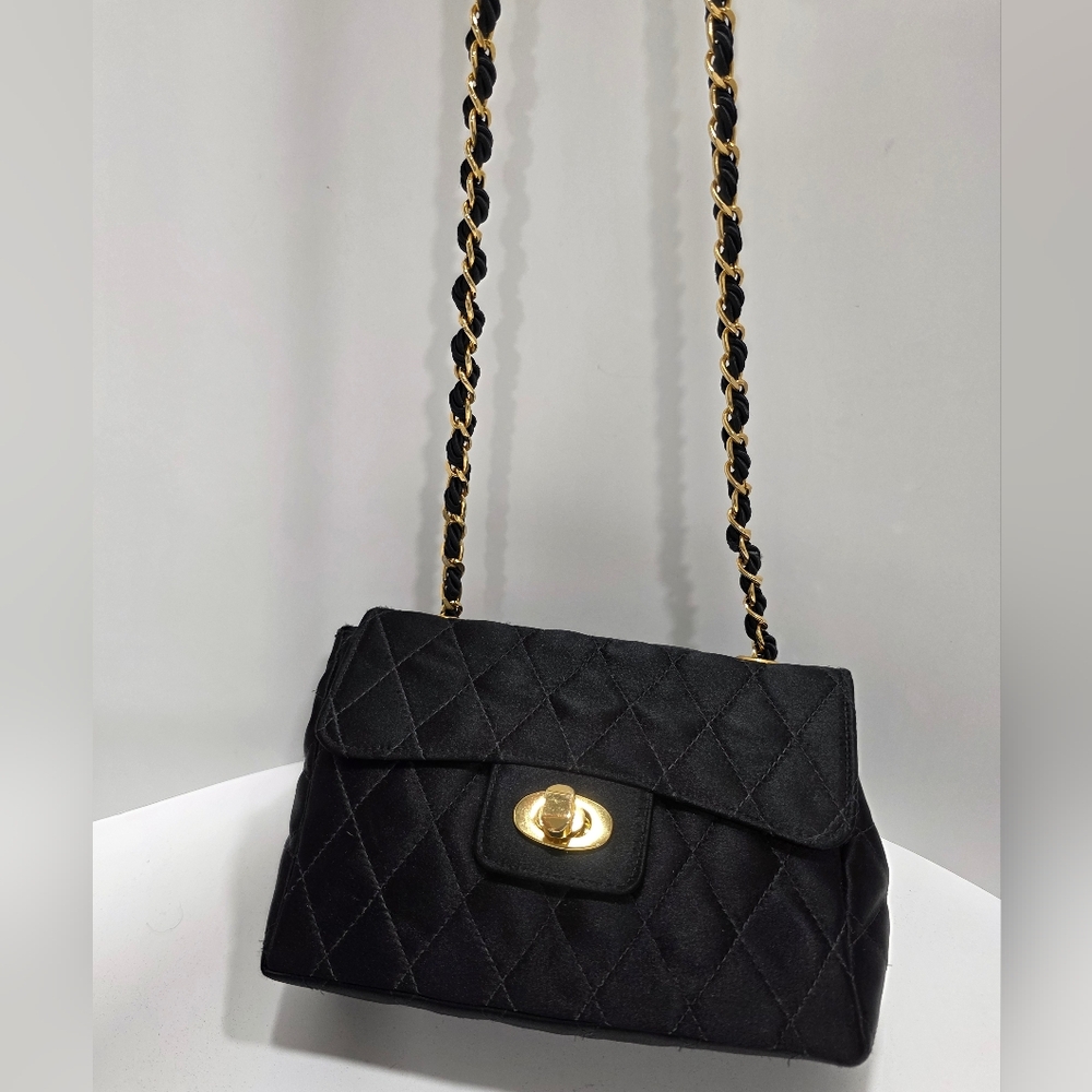 Neiman Marcus Black Quilted Satin Shoulder Bag / Crossbody with Gold Accents